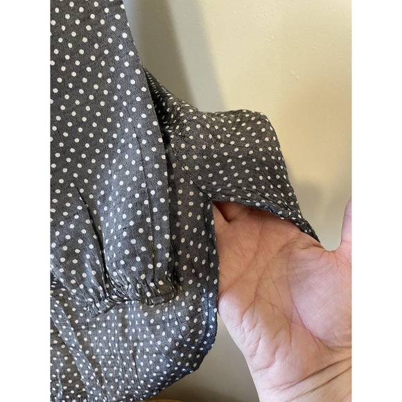 Womens Plus 2X Boho Career Casual Grey Polk Dot Bell Sleeve Lace Up Neck Blouse - Picture 6 of 13